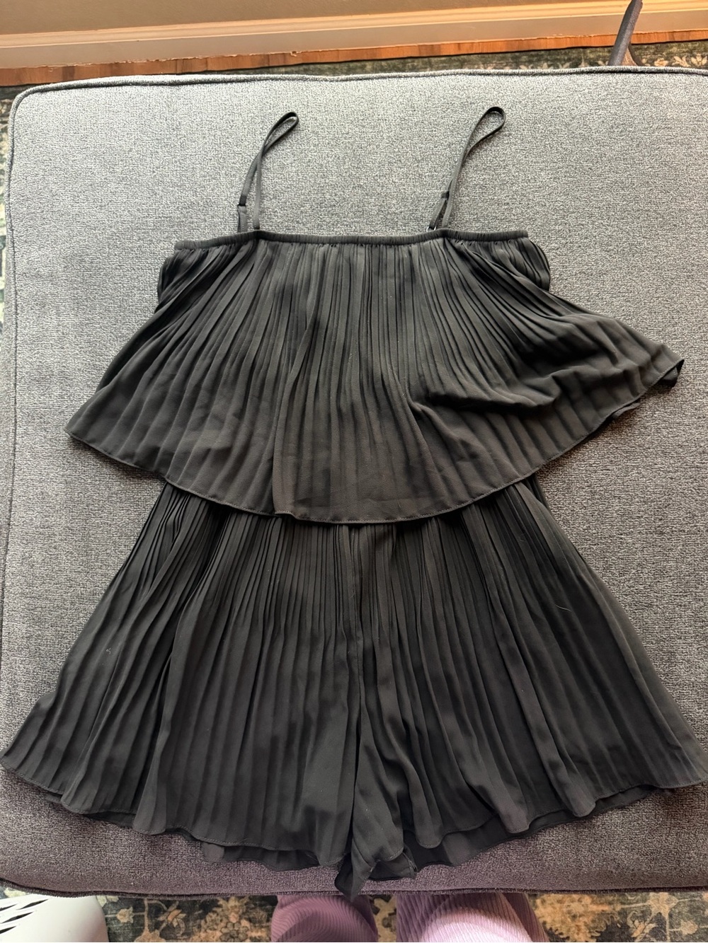 Womens’ Black Pleated Spaghetti-Strap Romper